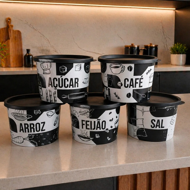 Kit Porta Mantimentos 5 Peças Redondo Com Decoração 1,5 Lt Preto Kit Porta Mantimentos 5 Peças Redondo Com Decoração 1,5 Lt Preto