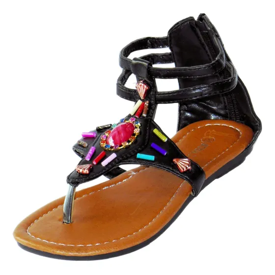 Sandalias En Cuero Cocidas Tacón Bajo Para Niñas Chicas