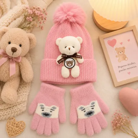 Kit Infantil Touca E Luvas De Inverno Ursinho Peluciado Meni Rostinho Rosa Único
