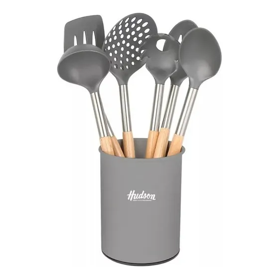 Set 6 Utensilios Hudson Nylon Mango Madera Espatula Cucharon