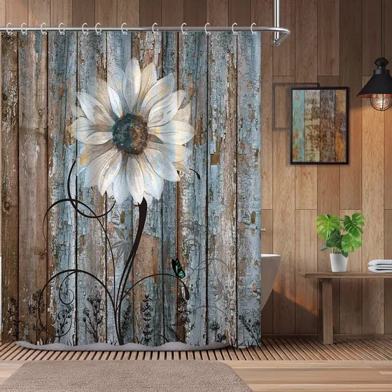 Cortina Ducha Floral Rustica Blanca Margarita Azul Marron
