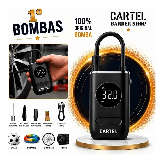 Mini Compressor Digital Portátil Cartel Barber Shop para Carro Moto e Bicicleta com Calibrador Digit