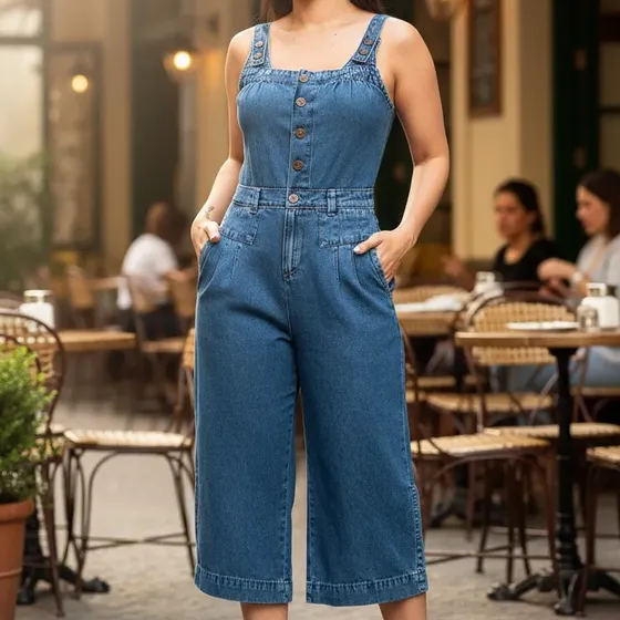 Macacão Jeans Calça Bermuda Pantacourt Sem Mangas S3848