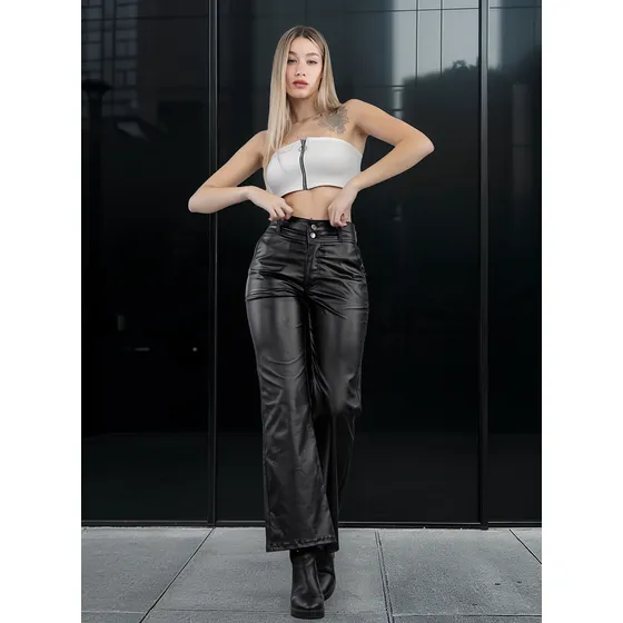 Pantalon Wideleg Engomado Cintura Ancha Moom