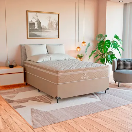 Cama Box Viúva Suede Bege + Colchão Paris Molas Ensacadas