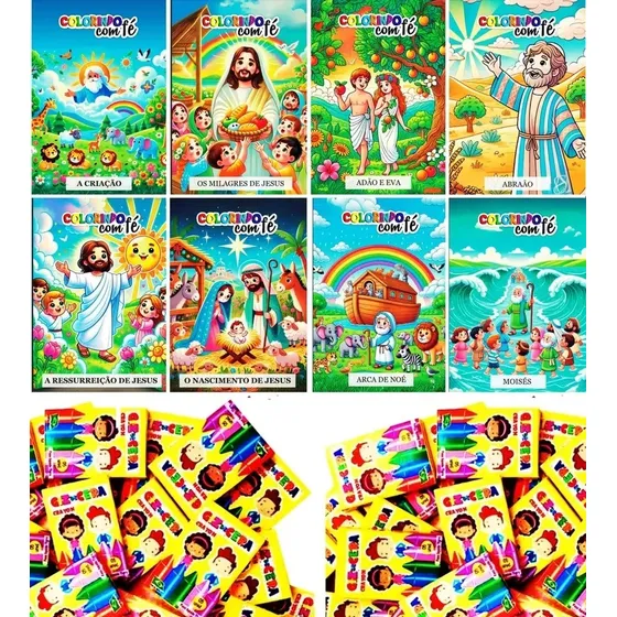 30 Revistas Livrinhos Colorir Bíblico + 30 Cxs Giz De Cera Kit Lembrancinha Religiosa Criança Festa