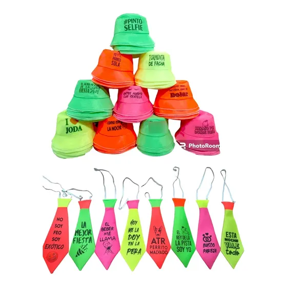 10 Piluso Con Frase + 10 Corbatas Con Frase Cotillón Fluo