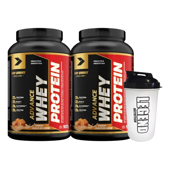Suplemento En Polvo Body Advance Whey Protein 907gr Sabor Dulce De Leche Pack X2 + Vaso Legend Nutrition 600ml