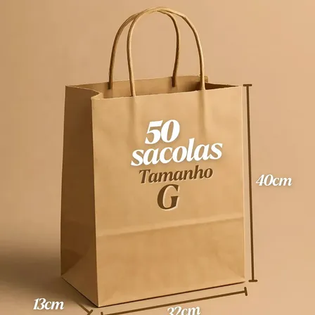 Sacola De Papel Kraft G Resistente 40x32x13cm 50un. C/ Alça Marrom-claro Tamanho G