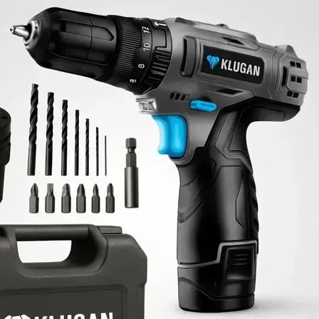 Taladro Atornillador Percutor Inalámbrico Klugan Tip + 1 Bateria + 1 Cargador + Accesorios con Maletin de Transporte