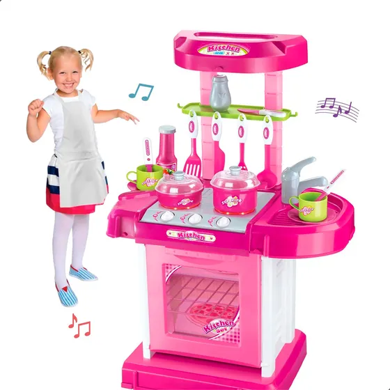 Cozinha Infantil Brinquedo C/ Som E Luz Pia Fogão Forno Princess Petipetá Completa Geladeira Luz De Led Menina 15 Acessórios Torneira Bancada Mini Chef Comida Fruta Magica Comidinha Panelinha Rosa