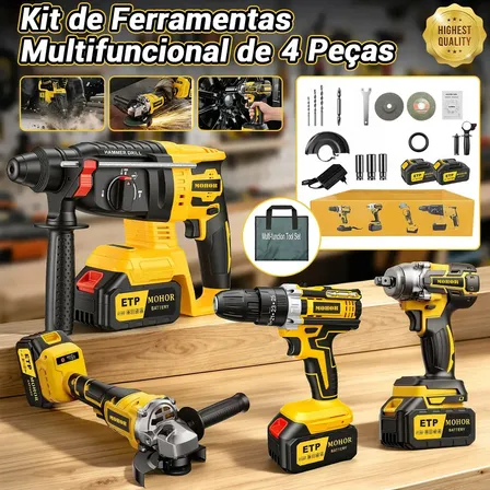 Kit Ferramentas Elétricas MOHOR 4 em 1 com 2 Baterias, Furadeira Parafusadeira, Martelete, Esmerilhadeira e Chave de Impacto
