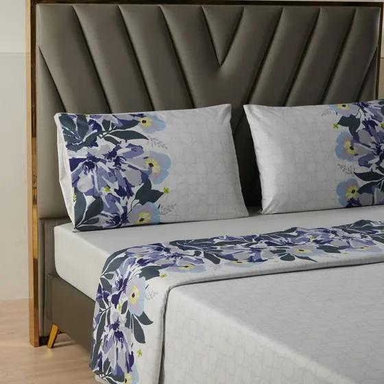 Juego Sabanas Estampadas Ultra Suave +funda Almohada Casatua Super King - Flores Azul Liso Super King