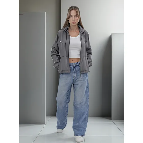 Campera Mujer Gris Oscuro Rompeviento Estilo Quer