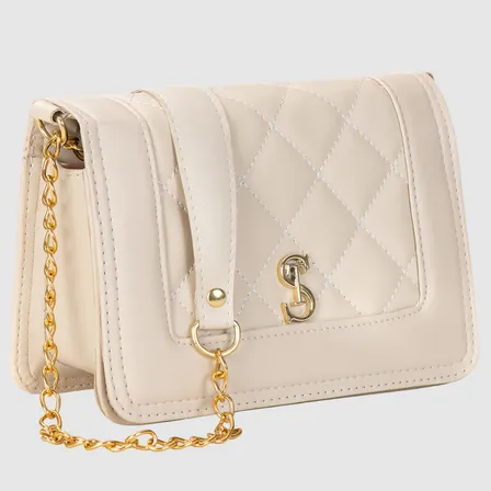 Bolsa Feminina Transversal Lateral Alça De Corrente Matelasse Clutch Cor Creme Metalasse Ouro