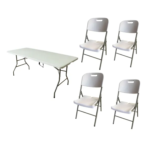 Set 1 Mesa Plegable 1.80 Mts Más 4 Sillas Plegables Jardin Blanco