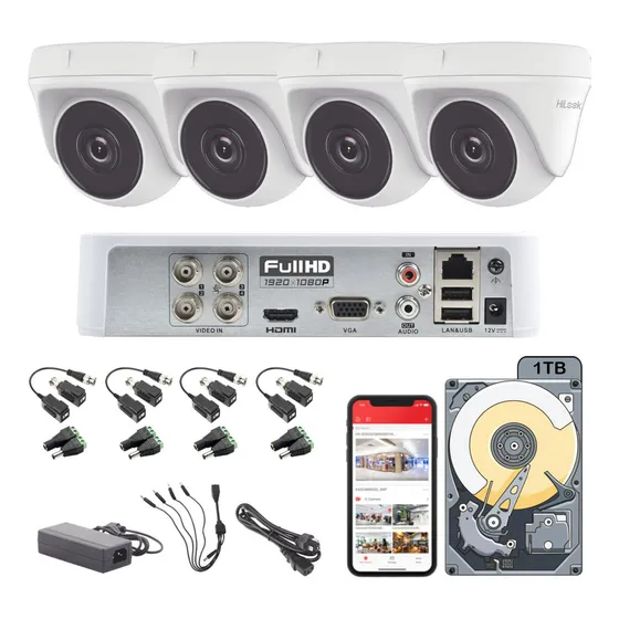 Kit Circuito Cerrado Hilook Dvr 4 Canales 4 Camaras Domo 1080p 2mp Full Hd Thc-t120-pc Video Baluns Disco Duro 1tb Blanco