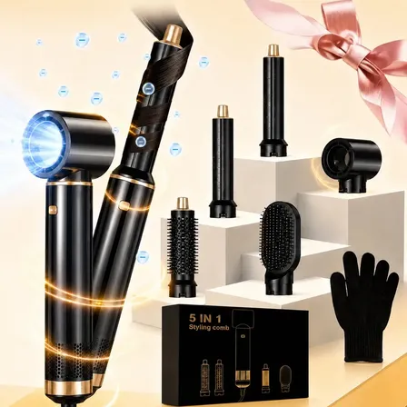 Secadora De Pelo Profesional 1800 W 5 En 1, Motor 110.000 Rpm, Cepillo Voluminizador, Rizador Y Alisador, Iones... Negro