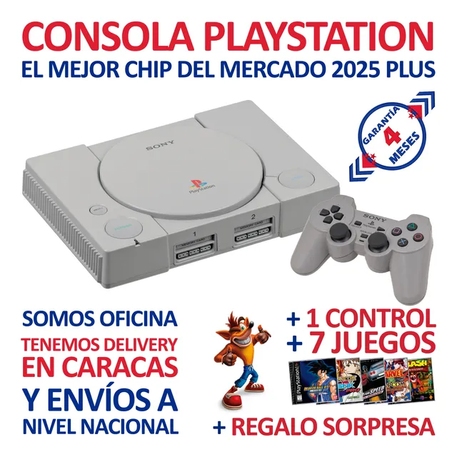 Sony Playstation, Ps1: Consola + Chip 2025 Plus+ 7 Juegos