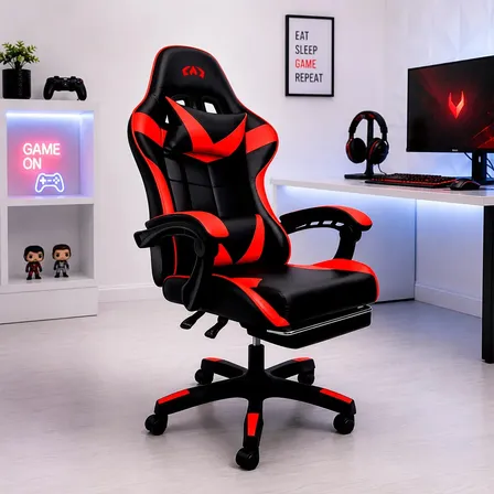 Cadeira Gamer Ergonomica Reclinavel Apoio Pes Almofada Vermelha Couro Sintetico Apoio Lombar Confortavel Altura Ajustavel Escritorio Oblivion Nienz Vermelho