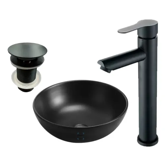 Bacha Loza Apoyo 32 Negro Mate + Grifería + Válvula Acra
