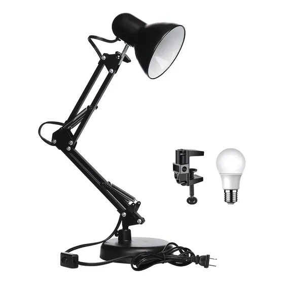Lámpara de Escritorio Dapon 2 Modos Clip y Base ajustable de 360° y brazo plegable 3 Colores de Luz Color Negro