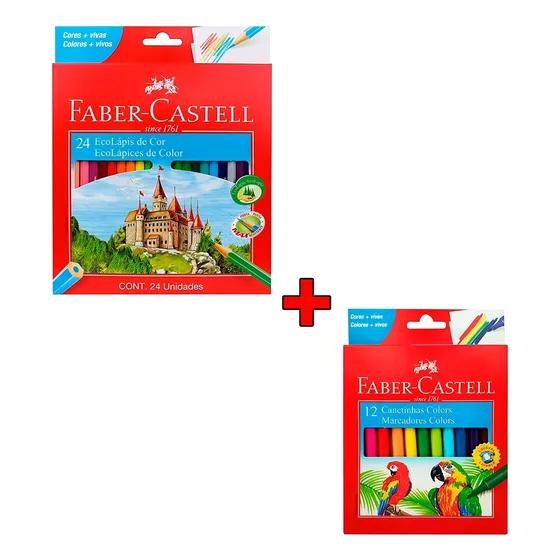 Lápis De Cor 24 Cores + 12 Canetinhas Hidrocor Faber Castell