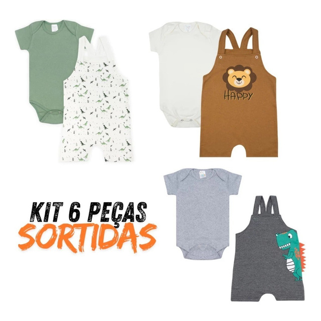 Kit Conjunto Jardineira Bebê 6 Peças Roupa De Menino Verão
