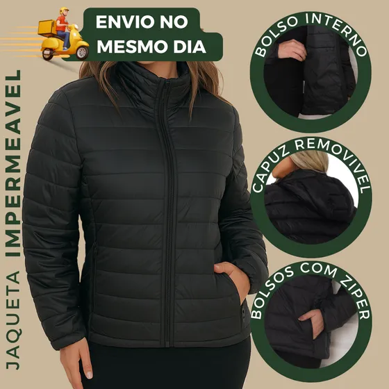 Jaqueta Feminina Puffer Bobojaco Com Capuz Nylon Impermeável