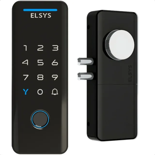 Fechadura Digital Elsys Tecno Preta Wifi Sobrepor Tuya Smartlife Senha Tag Biometria Controle Remoto Esfds4100v