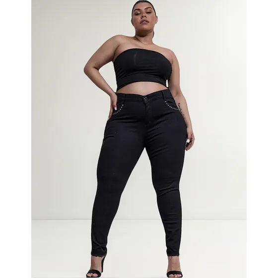 Jean Chupin Negro Elastizado Con Tachas Mujer Talles Grandes