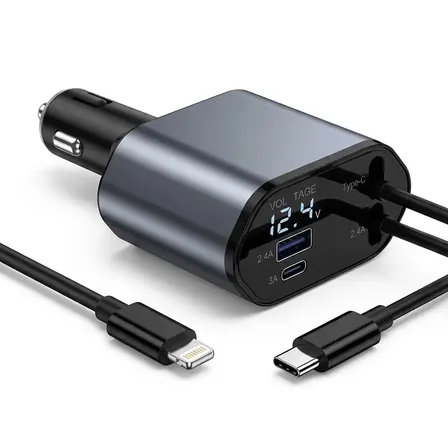 Carregador Veicular Automotivo Turbo Retrátil 4 Em 1 Tipo C Display Usb 2.4A 3.0A Para Carro Caminhão 12V/24V Viagem Hardline