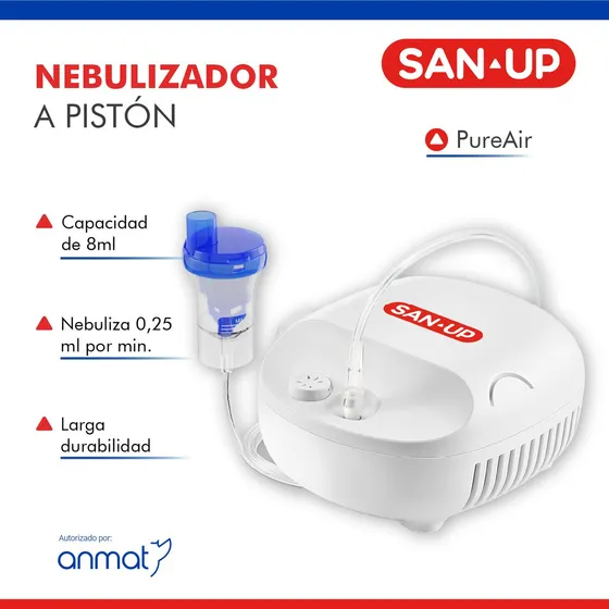 Nebulizador A Piston Pureair San Up 8ml Durabilidad De 1000hs + Mascarillas, Pipetas Y Accesorios