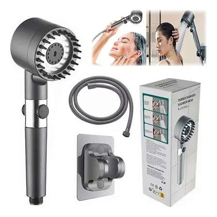 Chuveiro Alta Pressão 4 Modos Com Suporte E Mangueira Filtro Cinza-escuro
