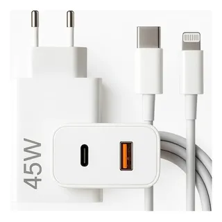 Carregador Turbo 45w Usb-c Branco Compatível Com iPhone 7, 8, X, Xr, Xs, 11, 12, 13 E 14. Fonte Bivolt 110v/220v, Carregamento Rápido, Ideal Para Uso Diário Em Casa, Eletric Teck
