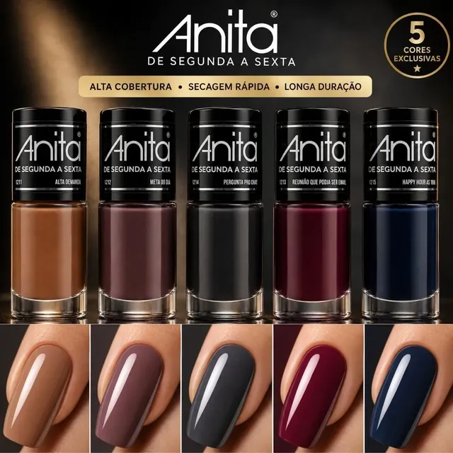 Kit 5 Esmalte Anita Nova Coleção De Segunda A Sexta Marrom Azul Nude Cinza