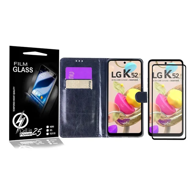 Capa Carteira + Vidro 3d + Pel Camera Para LG K52 Lmk420bmw 