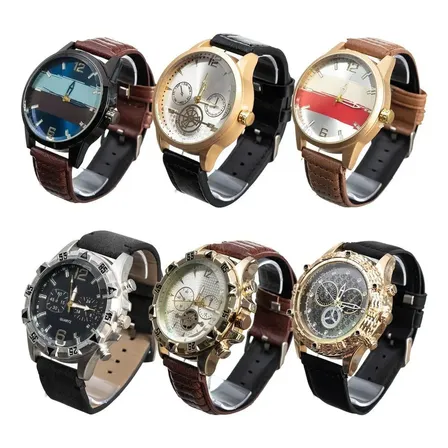 Kit Com 6 Relógios Masculino De Pulso Pulseira De Couro Atacado Cor Da Correia Sortido Cor Do Bisel Sortido Cor Do Fundo Sortido