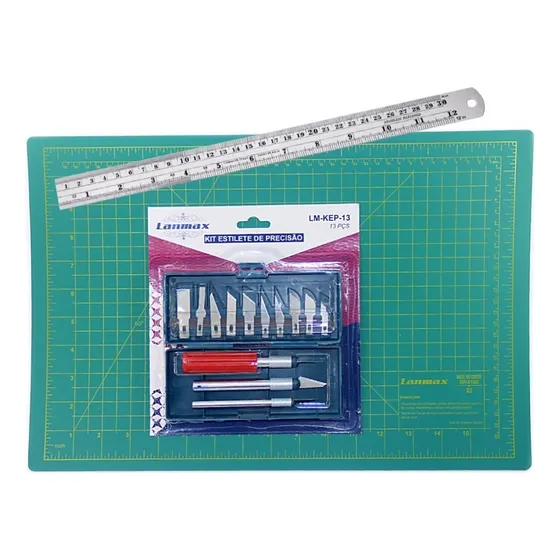 Kit Estilete Bisturi + Base Corte A3 45x30 + Régua Aço 30 Cm Cor Verde