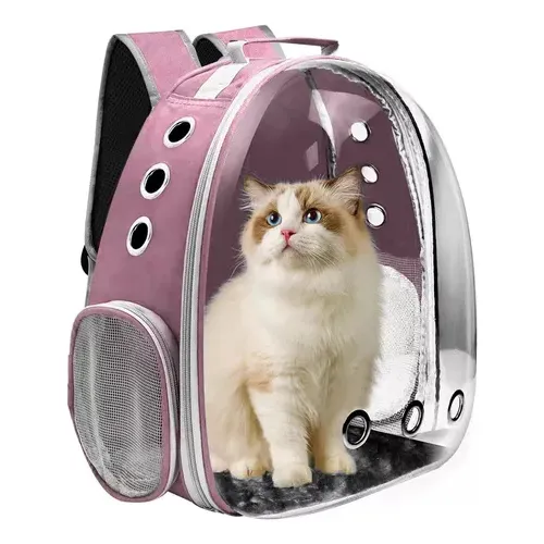 Mochila Transportadora Mascotas Capsula Burbuja Gato Perro Color Rosa Raitot