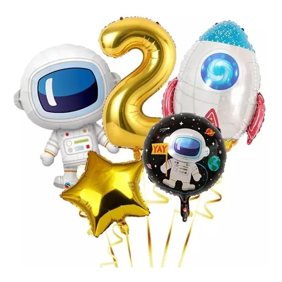 Mini Set Globos Metálicos Astronauta Cohete Y Numero 5 Pzs