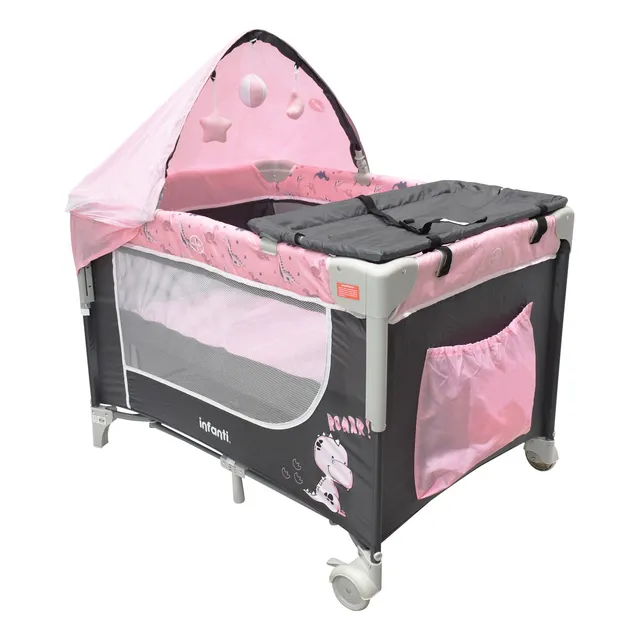 Cuna De Viaje Madison Infanti Convertible A Colecho Color Rosa claro con Gris Diseño de la tela Dino
