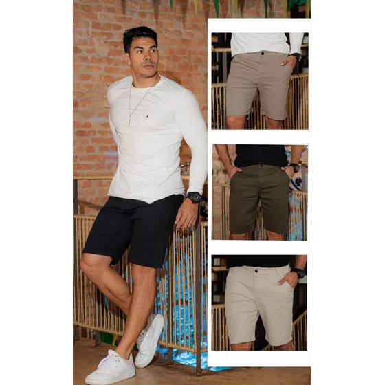 Bermuda Masculina Colorida Na Sarja Com Bolso Faca E Lycra