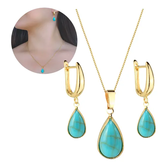 Conjunto Brinco Feminino Argola Gota Corrente Azul Turquesa — foto 2