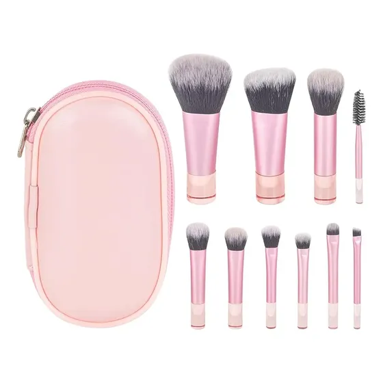 Kit 10 Mini Pincéis Para Maquiagem De Bolsa Com Estojo Cor Rosa