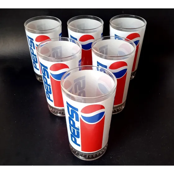 Seis Coleccionables Vasos Altos Vintage Pepsi Rojo Y Azul