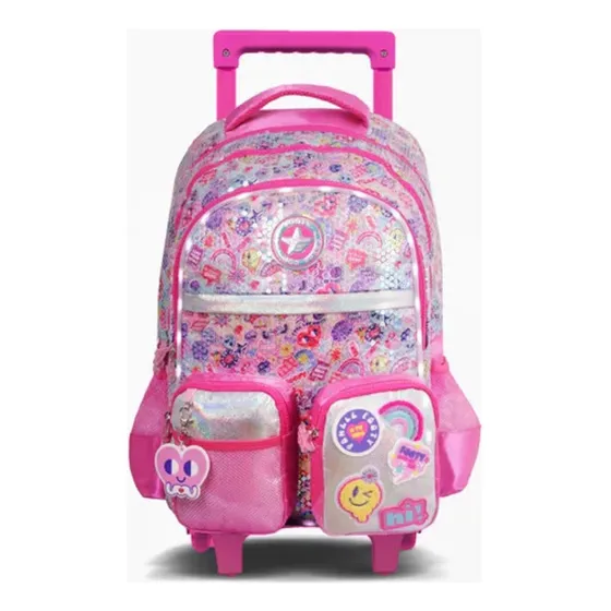 Footy Mochila Con Carro Y Luces Led De 18 Magic Patch F6281 Color Rosa Diseño De La Tela Lisa Escolar