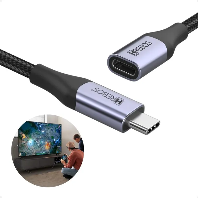Cabo Extensor Type-c Macho E Femea 0,5m Nylon 4k 60hz Preto