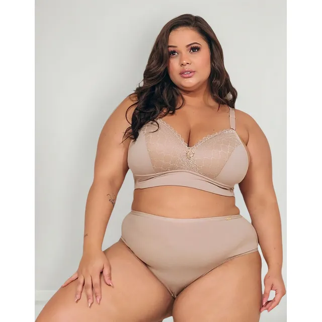 Conjunto Plus Size Calcinha Cintura Alta E Sutiã Com Bojo Up