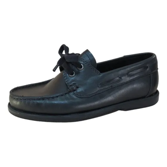 Mocasín Náutico Cosido A Mano Cuero Negro Fondo Goma Cosida